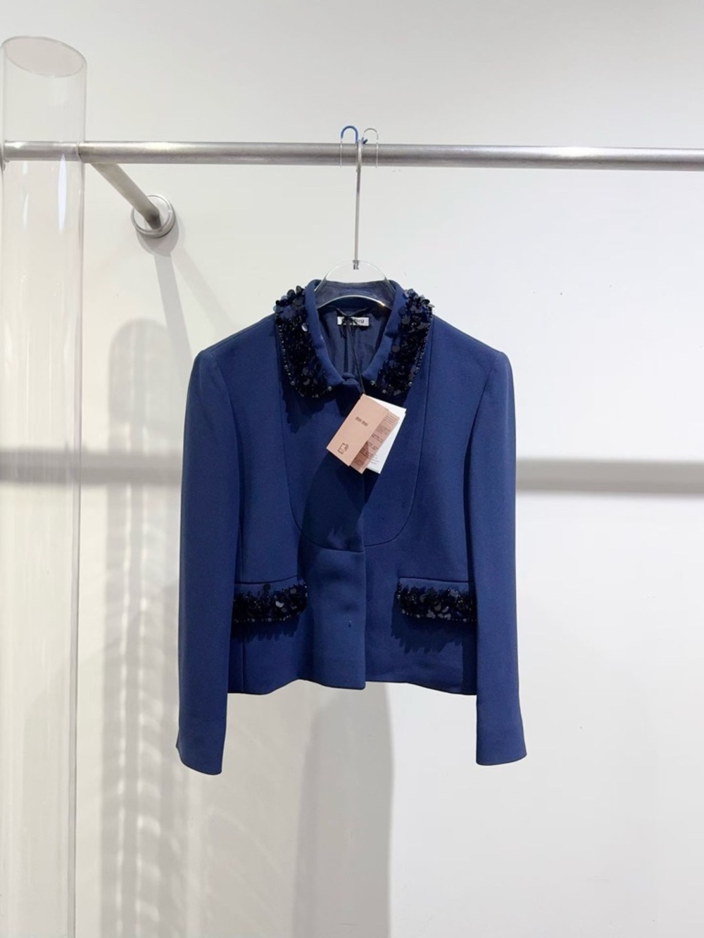Authentic Miu Miu Navy Embellished-Collar Cropped Blazer